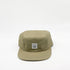 Khaki green adult hat. Minimalist five-panel design, made in Canada out of organic cotton. Hat has an adjustable soft velcro closure.